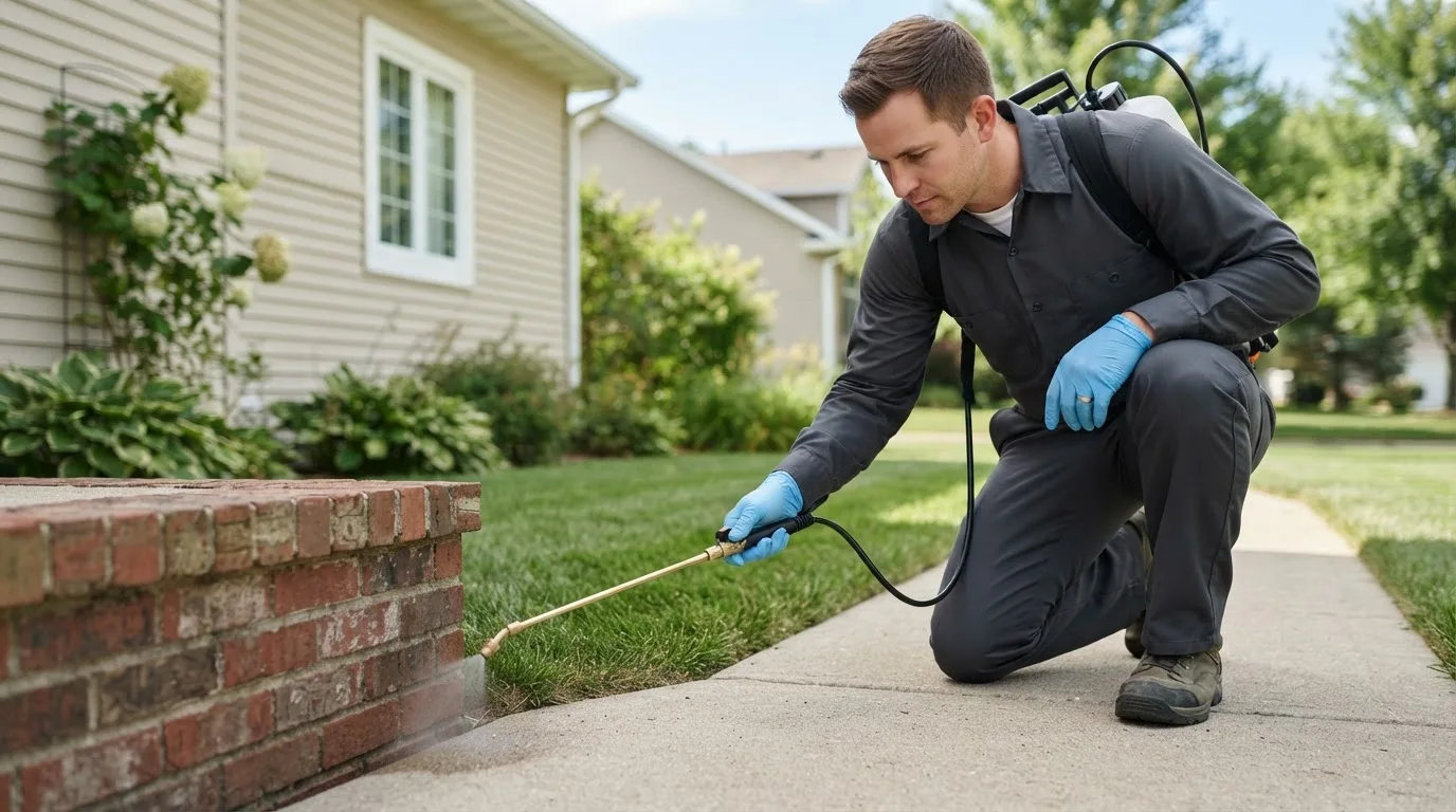 Pest control technician treating a home near Kalona, IA