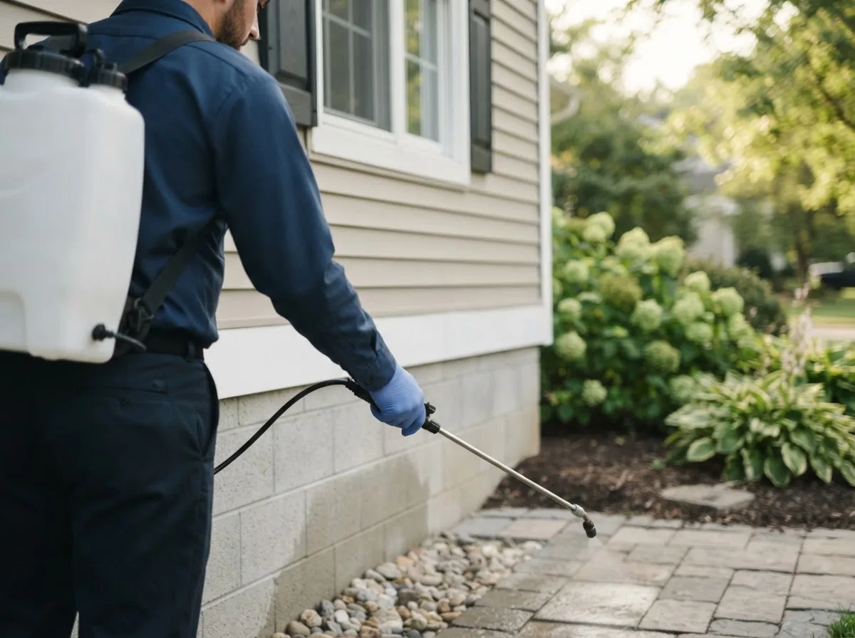 Pest control technician inspecting a home in Kalona, IA